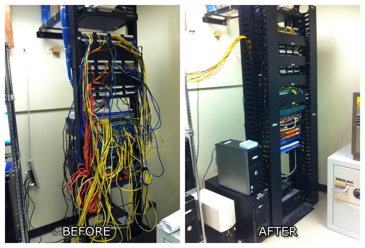 Office rack re-organization: Tangled patching replaced with managed, labeled runs in a new two-post rack.