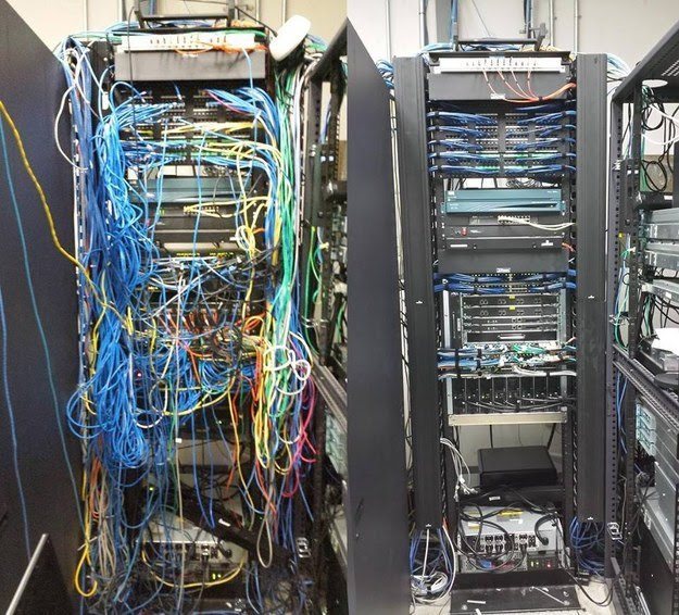 Network rack rebuild: Patch panels, switches and cords rebuilt into a clean, traceable layout.