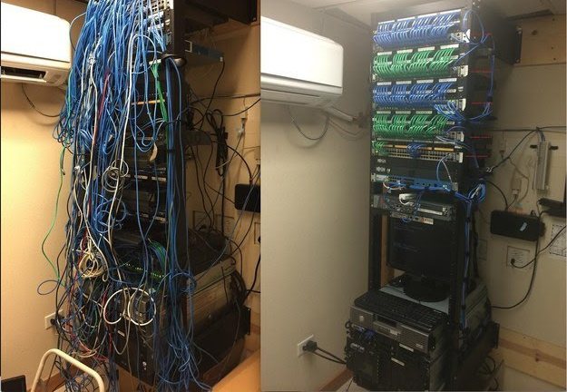 Network closet cleanup: Office rack traced, re-patched with right-length cords, labeled and documented.